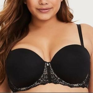 EUC Torrid black and nude microfiber and lace crystal detail multi way bra